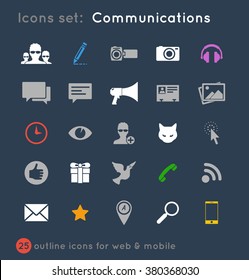 Icons set of light colored outline icons on dark background. Graphic vector icons objects. EPS Drawing collection of user interface buttons for website.