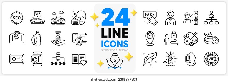 Icons set of Lighthouse, Vip transfer and Frying pan line icons pack for app with Management, Face cream, Time hourglass thin outline icon. Seo, Fake information, Timer pictogram. Vector