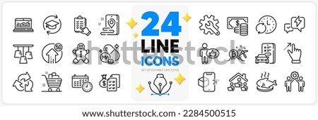 Icons set of Lightning bolt, Customisation and Grocery basket line icons pack for app with Recycle, Touchscreen gesture, Coins banknote thin outline icon. Update time. Design with 3d stars. Vector Foto d'archivio © 