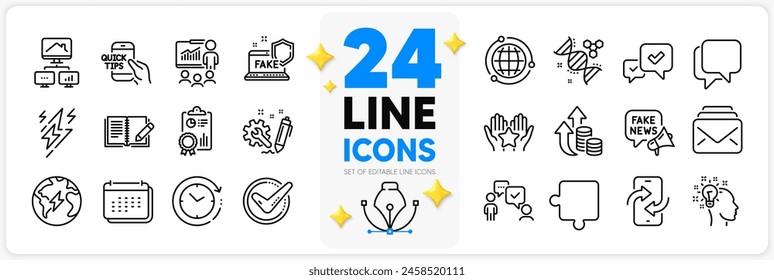 Icons set of Lightning bolt, Fake news and Time change line icons pack for app with Inflation, Puzzle, Feedback thin outline icon. Inspect, Phone transfer, Education pictogram. Vector