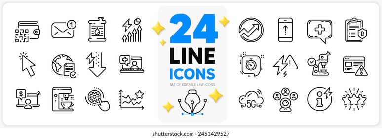 Icons set of Lightning bolt, Privacy policy and 5g cloud line icons pack for app with Cursor, New message, Star thin outline icon. Timer, Coffee maker, Electricity consumption pictogram. Vector