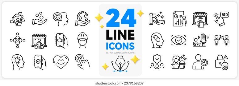 Icons set of Like app, Delivery market and Cyber attack line icons pack for app with Security agency, Social distancing, Writer thin outline icon. Podcast, Cursor, Teamwork chart pictogram. Vector