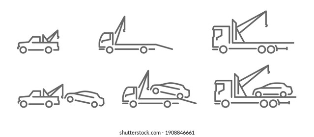 Icons set, line silhouette of wrecker truck with broken car, tow car outline