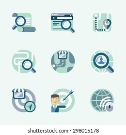Icons set of location area and navigation concept. Flat design icons for local business and services. Vector illustration.