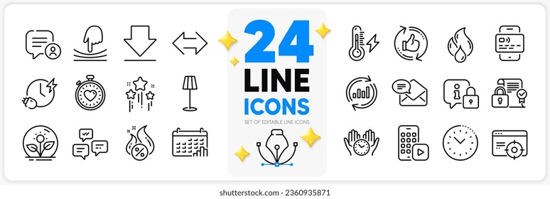 Icons set of Lock, Charging Time und Chat Nachrichten Linie Icons Pack für App mit Seo-Targeting, Refresh like, New Mail Thin Umriss Icon. Kalenderdiagramm, Karte, Piktogramm für scharfe Darlehen. Vektorgrafik