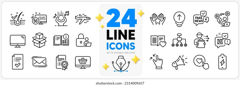 Icons set of Lock, Web shop and 5g internet line icons pack for app with Like button, Messenger mail, Video conference thin outline icon. Battery charging, Computer, Ranking pictogram. Vector