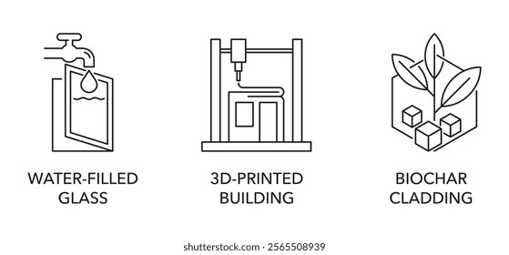 Icons set or logo templates for modern innovative construction materials. Water-filled glass, 3D-printed living buildings, Biochar cladding. Catchy pictograms in thin line