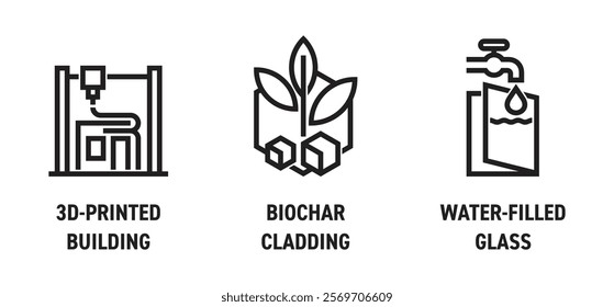 Icons set or logo templates for modern innovative construction materials. Water-filled glass, 3D-printed living buildings, Biochar cladding. Catchy pictograms in bold line