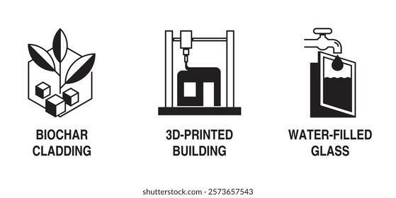 Icons set or logo templates for modern innovative construction materials. Water-filled glass, 3D-printed living buildings, Biochar cladding. Catchy pictograms in monochrome style