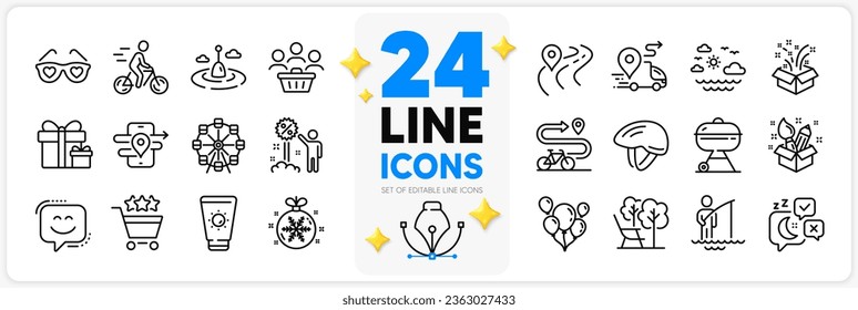 Icons set of Love glasses, Ferris wheel and Surprise package line icons pack for app with Shopping rating, Fisherman, Smile face thin outline icon. Buyers, Deckchair, Travel sea pictogram. Vector