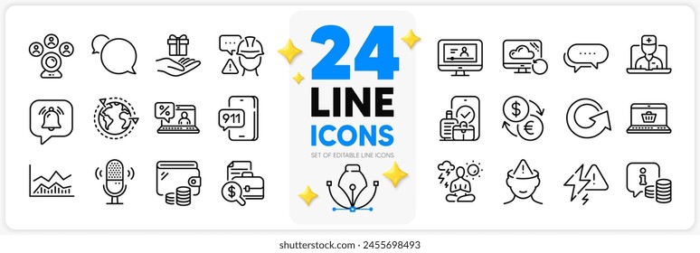 Icons set of Loyalty program, Video conference and Info line icons pack for app with Yoga, Builder warning, Messenger thin outline icon. Trade infochart, Carry-on baggage. Design with 3d stars. Vector