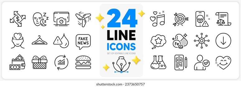 Icons set of Loyalty star, Iron and Legal documents line icons pack for app with Scroll down, Love music, Chemistry lab thin outline icon. Phone code, Sleep, Wind energy pictogram. Vector