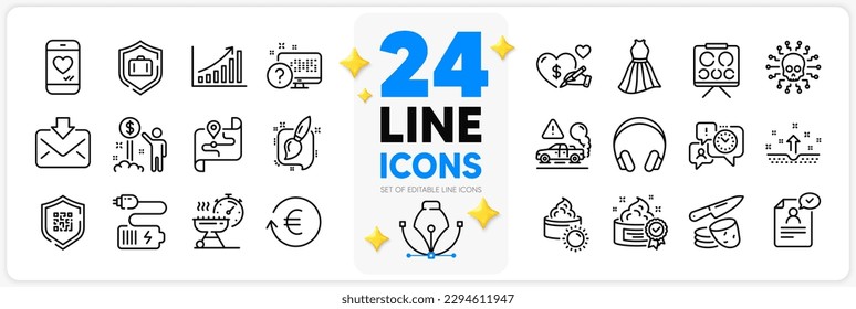 Icons set of Luggage protect, Social care and Sun cream line icons pack for app with Headphones, Qr code, Potato chips thin outline icon. Graph chart, Clean skin, Exchange currency pictogram. Vector