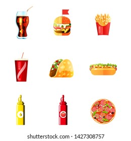 Icons set lunch with Hamburger. Flat design. Vector Illustration Hot Dog, French Fries and Soda mustard, ketchup, Pizza. Group of Fast Food products.
