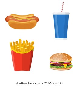 icons set lunch with Hamburger, Hot Dog, French Fries and Soda. Group of Fast Food products. Vector illustration in flat style