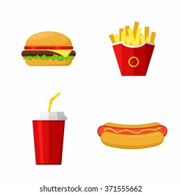 Icons set lunch with Hamburger, Hot Dog,  French Fries and Soda. Group of Fast Food products. Flat design. Vector Illustration