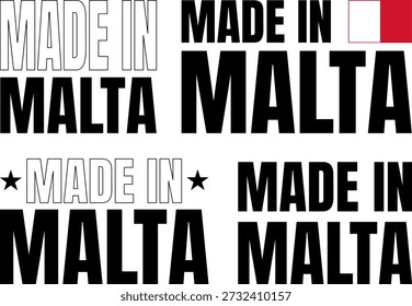 Conjunto de iconos de texto Made in Malta en negrita mostrados en un fondo simple