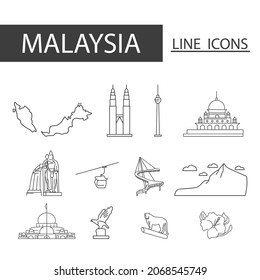 Icons set of Malaysia black thin line. Set of map, architecture, tradition and more.