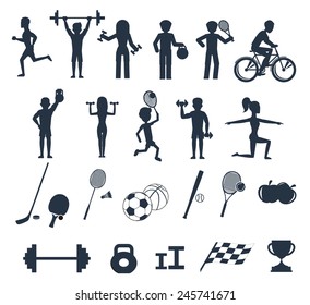 Icons set of man and woman doing warm-up and exercises with kettlebell, barbell and dumbbells. People jogging, practising yoga, playing basketball and tennis black icons on white background