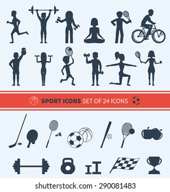 Icons set of man and woman doing warm-up and exercises with kettlebell, barbell and dumbbells. People jogging, practising yoga, playing basketball and tennis black icons