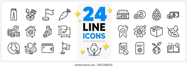 Icons set of Manual, Pants and Save planet line icons pack for app with Parcel, 3d chart, Leaf dew thin outline icon. Loan percent, Refresh bitcoin, Milestone pictogram. Design with 3d stars. Vector