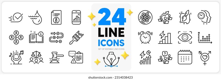 Icons set of Manual, Time management and Graph phone line icons pack for app with Cable section, Eye detect, Judge hammer thin outline icon. Brush, Clipboard, Genders pictogram. Noise. Vector