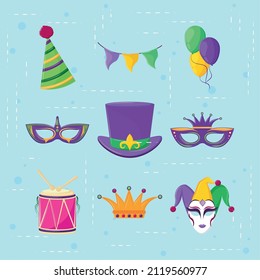 icons set mardi gras carnival