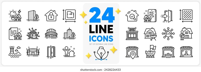 Icons set of Market seller, Inspect and Buildings line icons pack for app with Skyscraper buildings, Delivery man, Floor plan thin outline icon. Building energy, Lighthouse, Shop pictogram. Vector