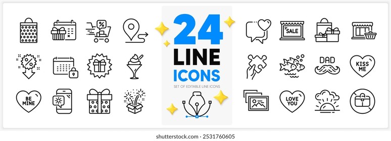 Icons set of Marketplace, Discounts cart and Gift box line icons pack for app with Puzzle, Ice cream, Be mine thin outline icon. Weather phone, Photo album, Surprise gift pictogram. Vector