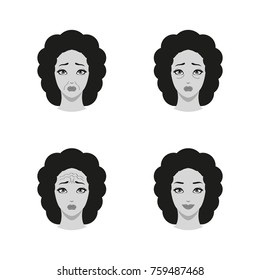 Icons Set of Mature woman face with different types of wrinkles before and after cosmetic procedure. Plastic surgery, Skin Care, Cosmetology, Facial treatment concept. Black and White Isolated vector