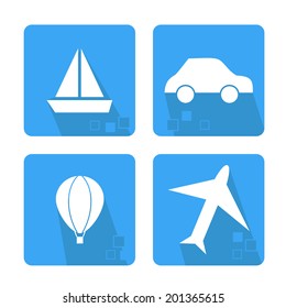 Icons set with means of transport - car, plane, balloon, ship