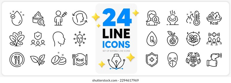 Icons set of Medical shield, Face biometrics and Head line icons pack for app with Food, Medical mask, Eco organic thin outline icon. Salad, No alcohol, Moisturizing cream pictogram. Vector