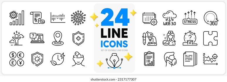 Icons set of Medical shield, Faq and Location line icons pack for app with Nurse, Charging time, Depression treatment thin outline icon. 360 degrees, Seo analysis, Sun protection pictogram. Vector