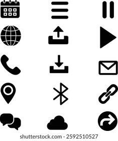 Icons set: menu, calendar, globe, share, chat, download, upload, link, Bluetooth, mail, phone, location, cloud, play, pause, black vector symbols, UI UX design, EPS file