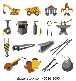 Icons Set Of Metallurgy Industry. Symbols Of Work Plant: Pipe, Equipment And Iron, Truck For Ore, Steel Casting, Rail, Helmet And Factory. Vector Flat Illustration Isolated On White Background.