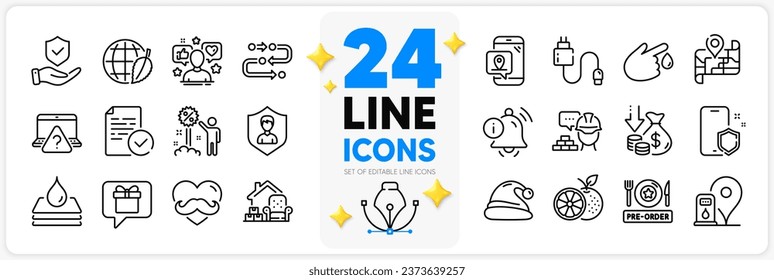 Icons set of Methodology, Information bell and Pre-order food line icons pack for app with Environment day, Blood donation, Map thin outline icon. Packing things, Security agency. Vector