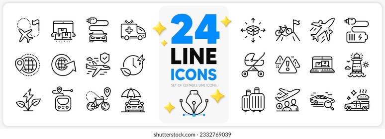 Icons set of Metro, Web inventory and Destination flag line icons pack for app with Plane, Baby carriage, World globe thin outline icon. Charging time, Eco power, Online storage pictogram. Vector