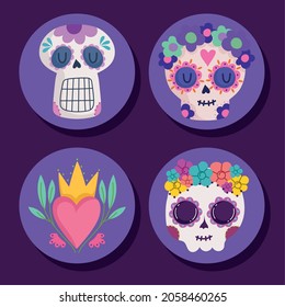 icons set mexican skulls decoration