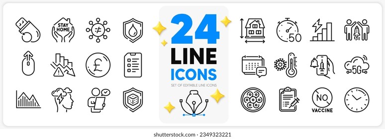 Icons set of Mindfulness stress, Timer and Discrimination line icons pack for app with Message, Deflation, Consumption growth thin outline icon. No vaccine, Waterproof, Checklist pictogram. Vector