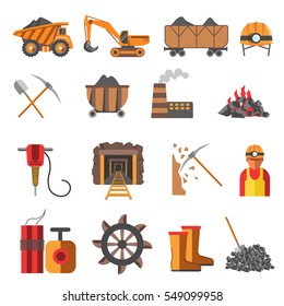 Icons set of mining coal industry: tool and equipment for manufacture, truck and mine, mineral fuel, miner symbol, signs of machinery and dump. Flat vector illustration isolated on white background