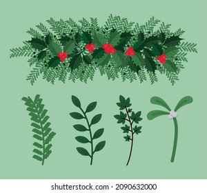 icons set mistletoe leaf and berries