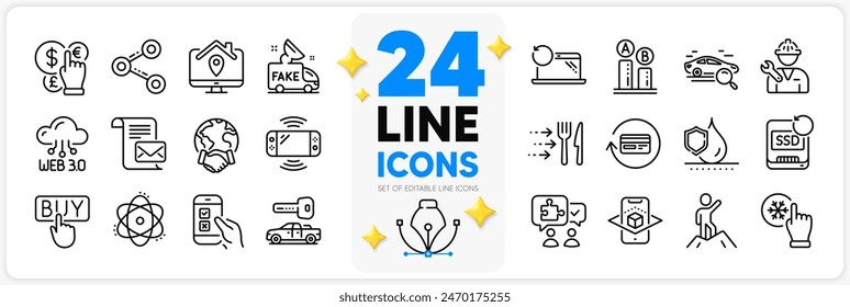 Icons set of Money currency, Repairman and Share line icons pack for app with Augmented reality, Mobile survey, Car key thin outline icon. Game console, Waterproof, Leadership pictogram. Vector