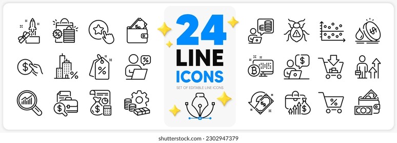 Icons set of Money, Discount tags and Shopping bags line icons pack for app with Wallet, Innovation, Payment thin outline icon. Accounting, Business person, Mortgage pictogram. Vector