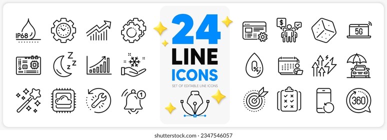 Icons set of Moon, Waterproof and Accounting line icons pack for app with Magic wand, Dice, Motherboard thin outline icon. Cloud computing, Demand curve, Reminder pictogram. Vector