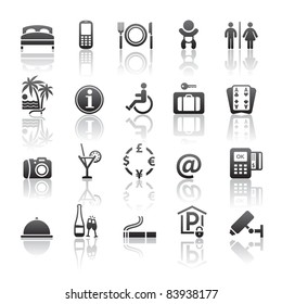 Icons set motel services. Pictogram hotel services. Gray reflection