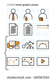 Icons Set Of Motion Graphics Process. Line Art Pictograms. 