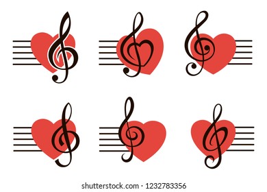 icons set of music note treble clef with heart isolated on white background