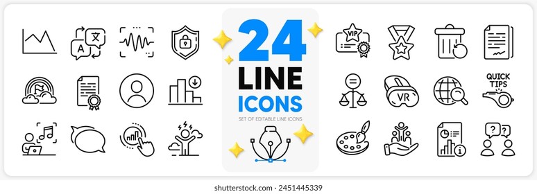 Icons set of Music, Vr and Talk bubble line icons pack for app with Ethics, Winner ribbon, Translate thin outline icon. Internet search, Report, Decreasing graph pictogram. Vector