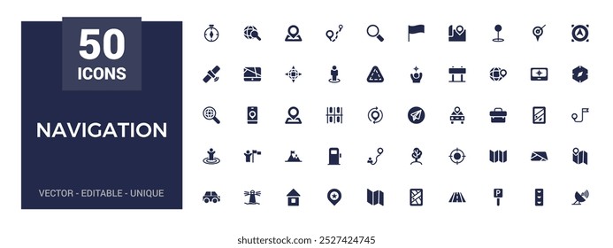 Icons set of navigation. Relatate to location solid icon collection. Glyph icon set for web and ui. Filled icons pack, Vector illustration.