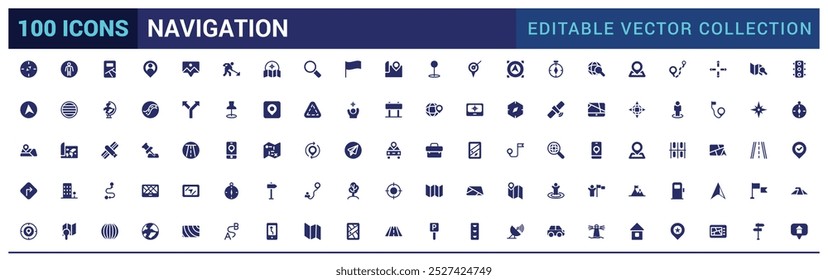 Icons set of navigation. Relatate to location solid icon collection. Glyph icon set for web and ui. Filled icons pack, Vector illustration.